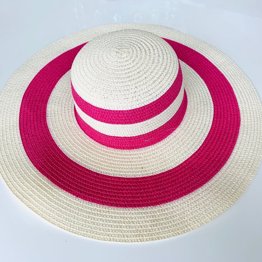 Like New Large Hot Pink / Fuchsia Stripped Straw Beach / Sun Hat
